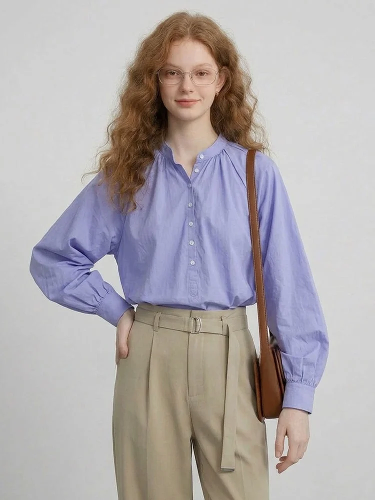 

Синяя женская рубашка с воротником-стойкой и длинными рукавами-фонариками, новинка весеннего сезона, повседневный французский стиль, высококачественная модель.