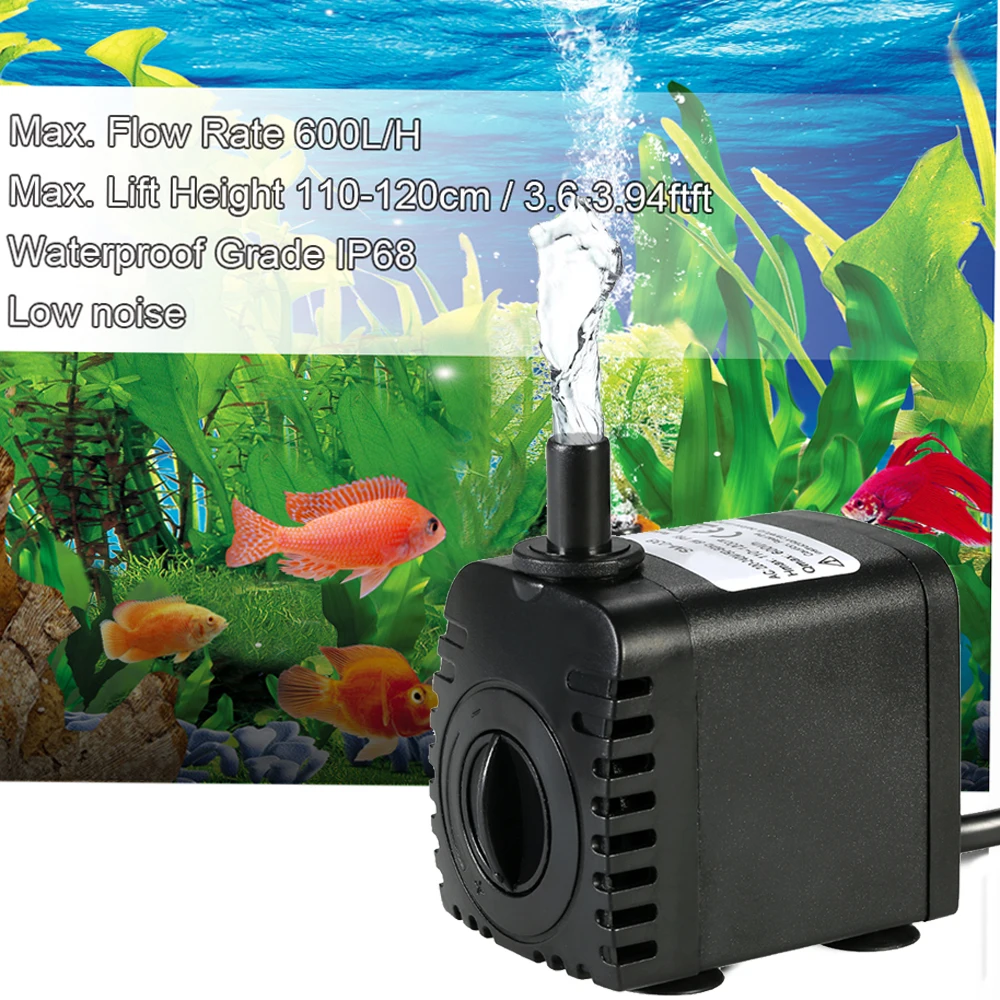 600L/H 8W Submersible Pond Water Pump for Aquarium Tabletop Fountains Pond Water Gardens and Hydroponic Systems with 2 Nozzles