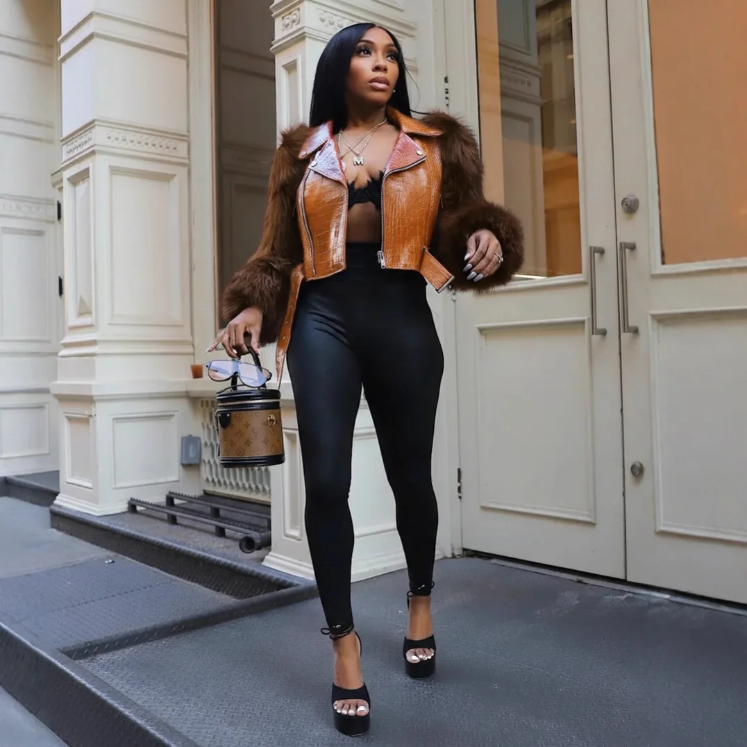 Frauen Faux Leder Jacken Patchwork Langarm Pelz Gespleißt Kurze Mäntel Slim Fit High Street Zipper Jacke Winter Streetwear