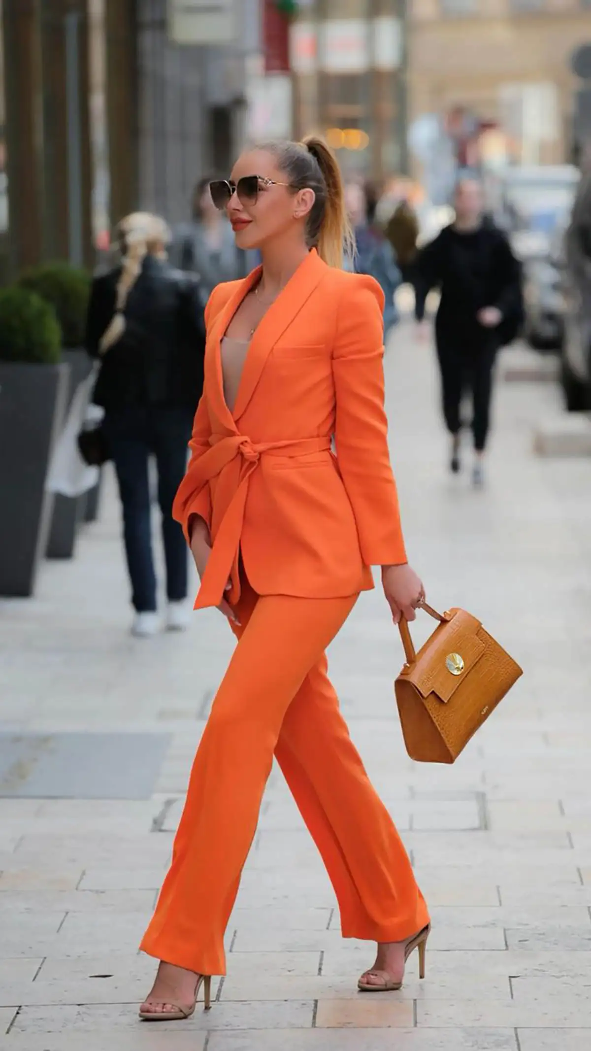 Spring Orange Women Pants Sets Customized V Neck Blazer With Sashes Jacket Suits Coat 2 Pieces Formal Birthday Party Wear