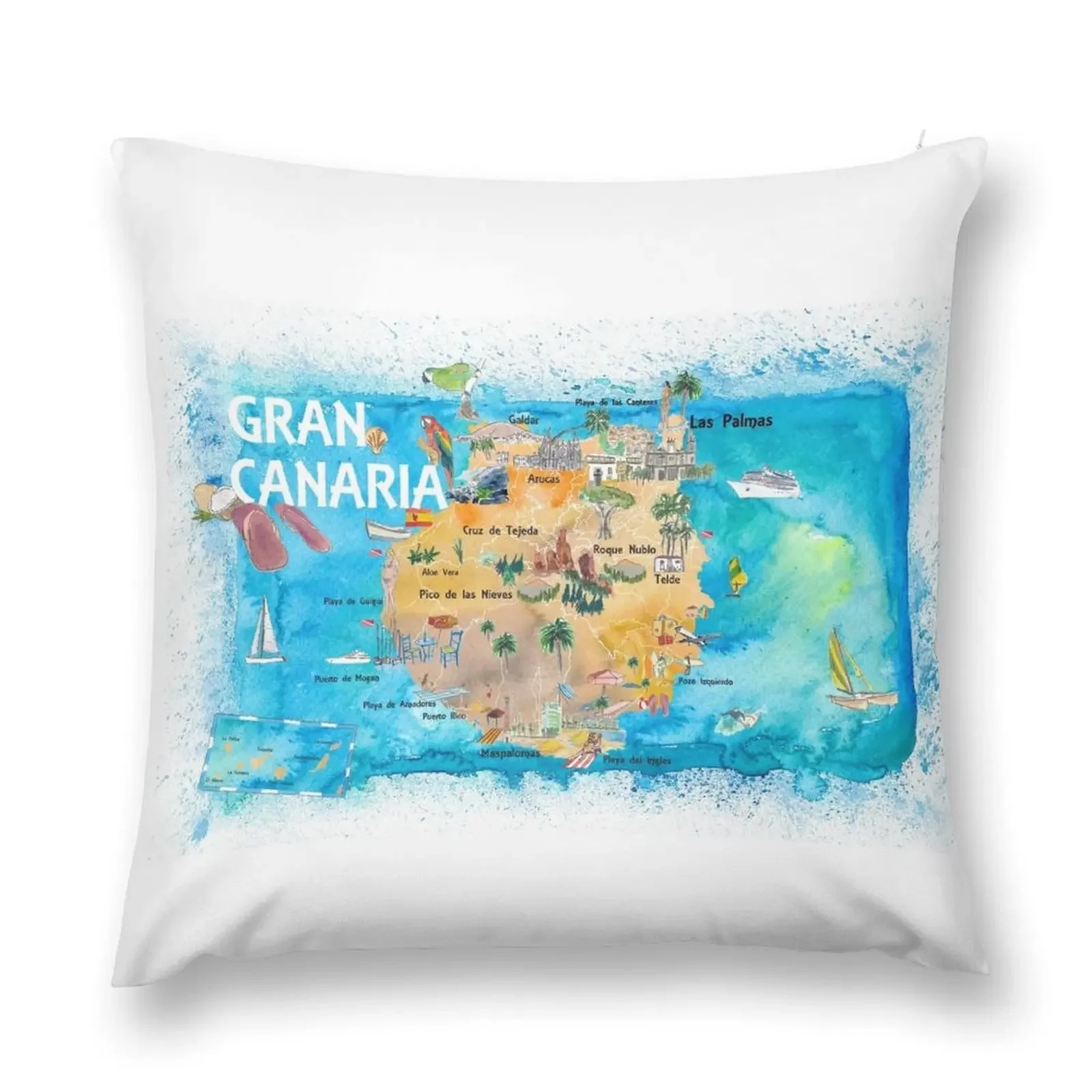 Gran Canary Canarias Spain Illustrated Map with Landmarks and Highlights Throw Pillow christmas cushions covers pillow