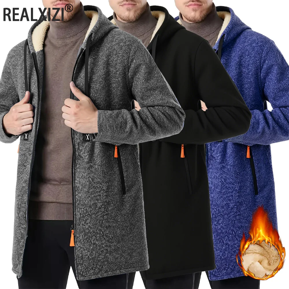 

Winter Men's Long Overcoat Jackets Coat Fleece Lined Thickened Warm Zipper Hoodie Jackets Winter Windproof Oversize Jackets Tops