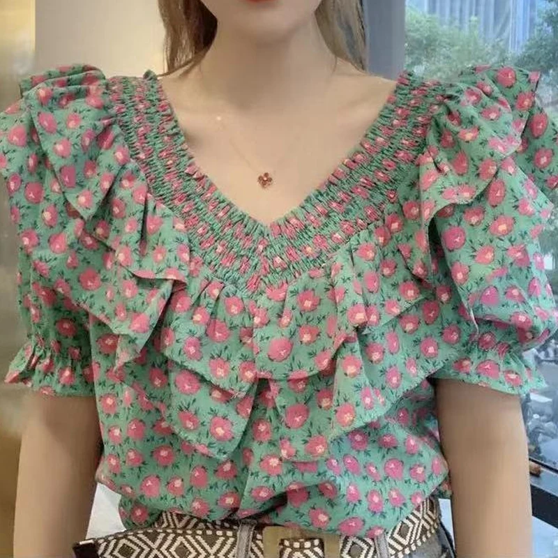 Temperament Ruffles Short Sleeve Blouse Summer New Short Print Patchwork Loose Elegant Shirt Tops Vintage Fashion Women Clothing