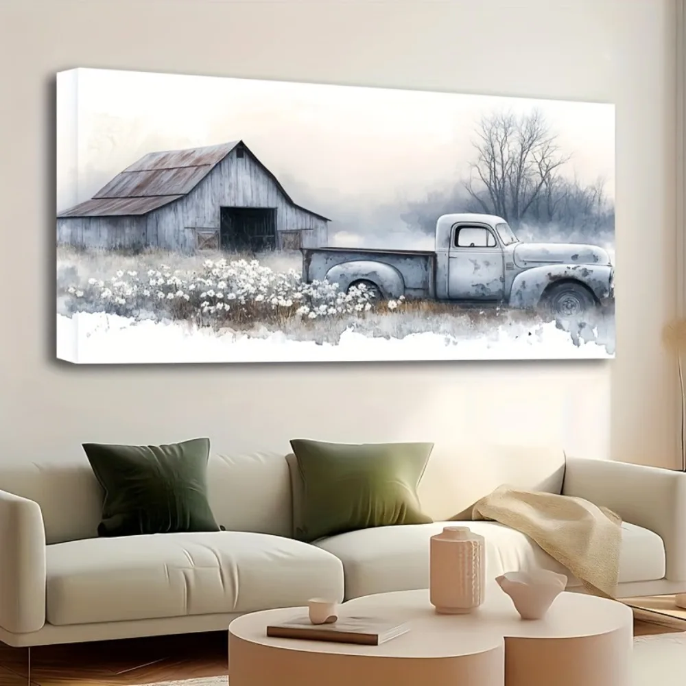 

1.5 inch thick pine solid wood frame, canvas prints on antique country pickup trucks, blue trucks and white floral art prints