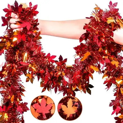 Artificial Autumn Maple Leaf Streamer Garland, Red and Golden Foil Metallic Streamer Tassels,for Home, Dining Table, Fireplace,