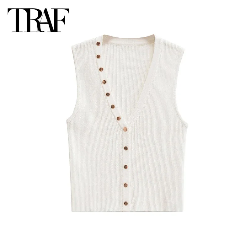 Traf weiße Weste Damen Top Sommer Herbst elegante gestrickte kurze Tank Weste Damenmode lässige ärmellose Strickwesten