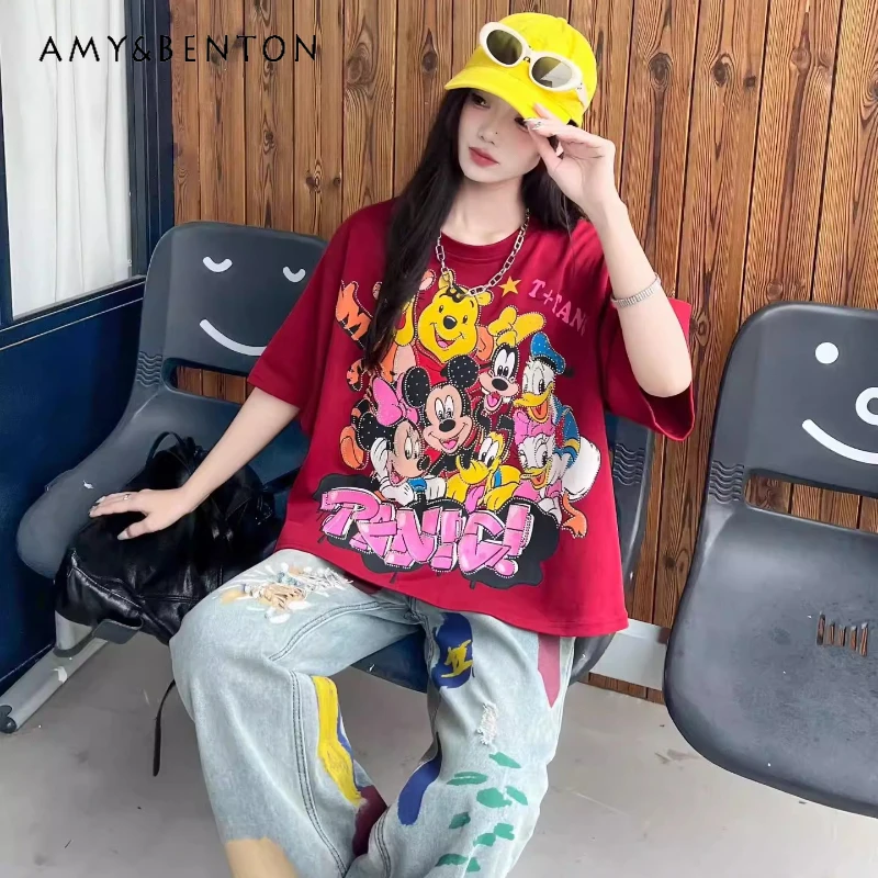 

American Style Heavy Craft Youthful T-shirt For Women's Cute Cartoon Crew Neck Loose Fit Short Sleeved Top New Summer Cotton Tee