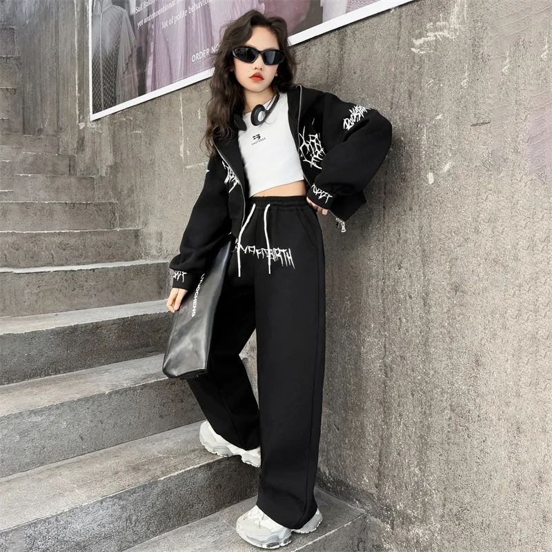 

Teen Girl Hip hop Street Dance Clothes Set Short Zipper Coat+sport Pants 2pcs Kid Jazz Suit Children Tracksuits Clothing outfits