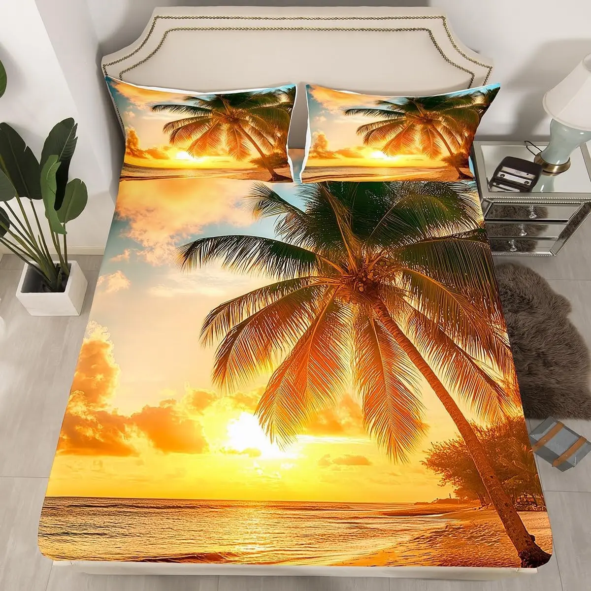 Ocean Beach Fitted Sheet Twin King Size Tropical Palm Tree Bed Sheets Hawaiian Nature Landscape Sheet Set for Boys Girls Bedroom