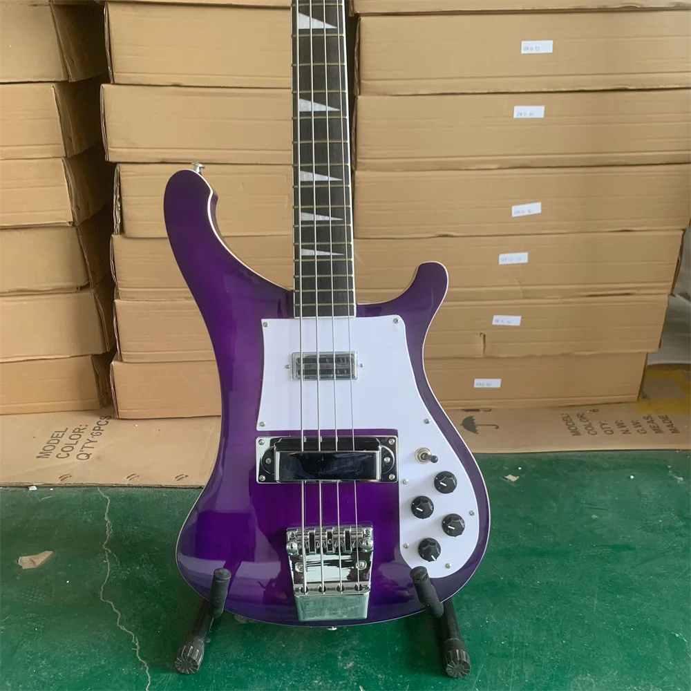 4 Strings Purple Sandwich 4003 Electric Bass Guitar Neck Thru Body, Chorme Hardware, Triangle MOP Fingerboard Inlay Guitarra