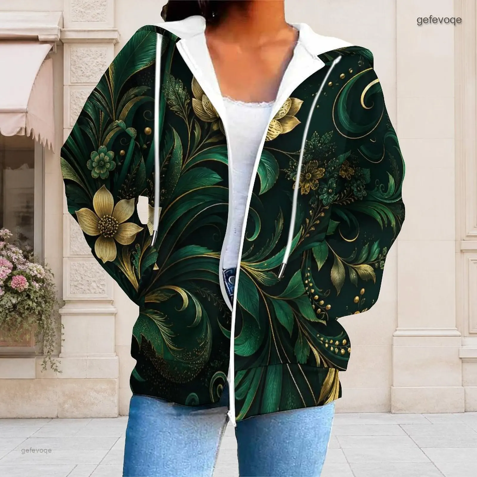 Women Dark Green Golden Floral Foliage Printed Long Sleeve Zip Up Drawstring Hooded Hoodie