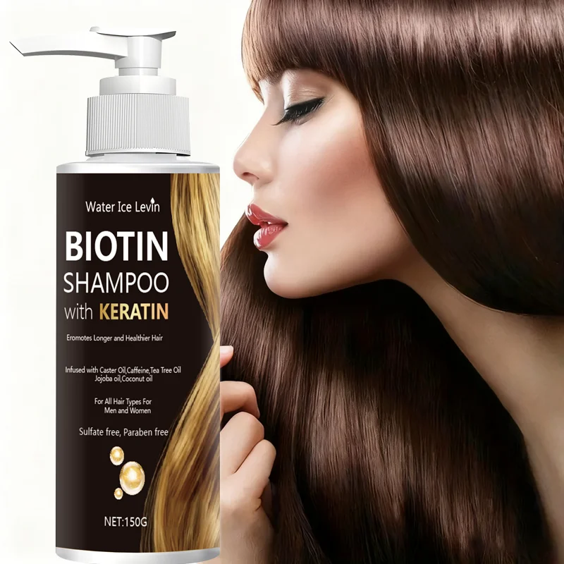Shampoo de biotina e queratina Water Ice Levin, sem sulfato/parabenos, com óleos nutritivos, para cabelos mais saudáveis, todos os tipos de cabelo