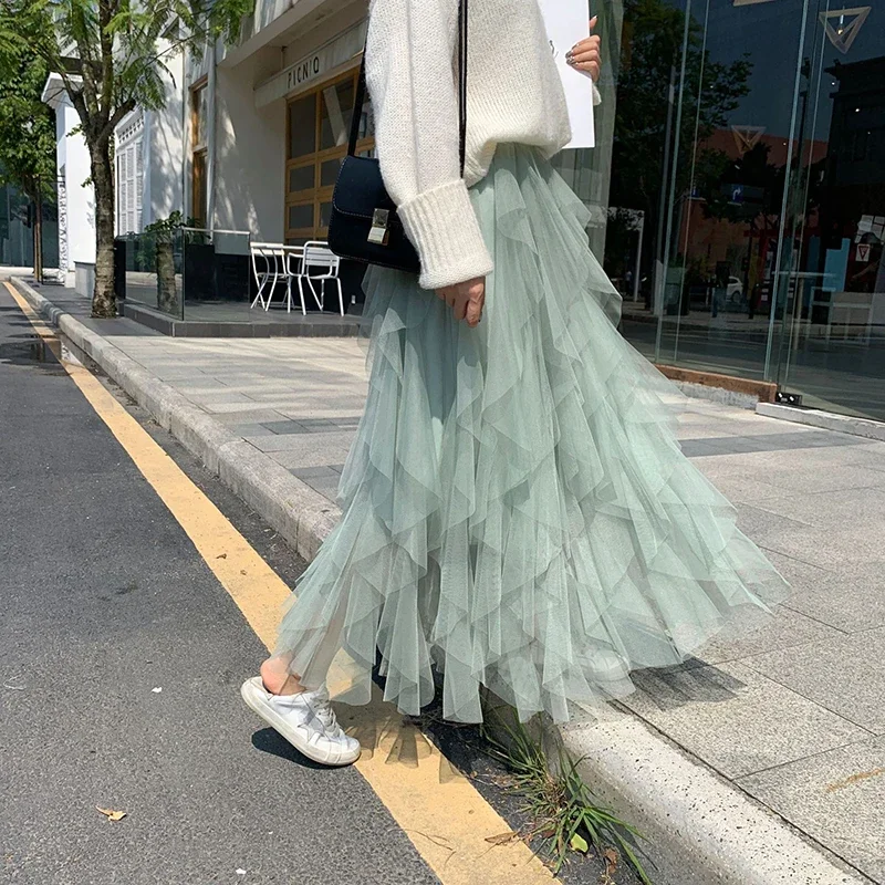 Womens Elastic High Waist Tulle Mesh Irregular Tutu Skirt Summer Girls Party Older Kid Girl Pleated Long Midi Skirts