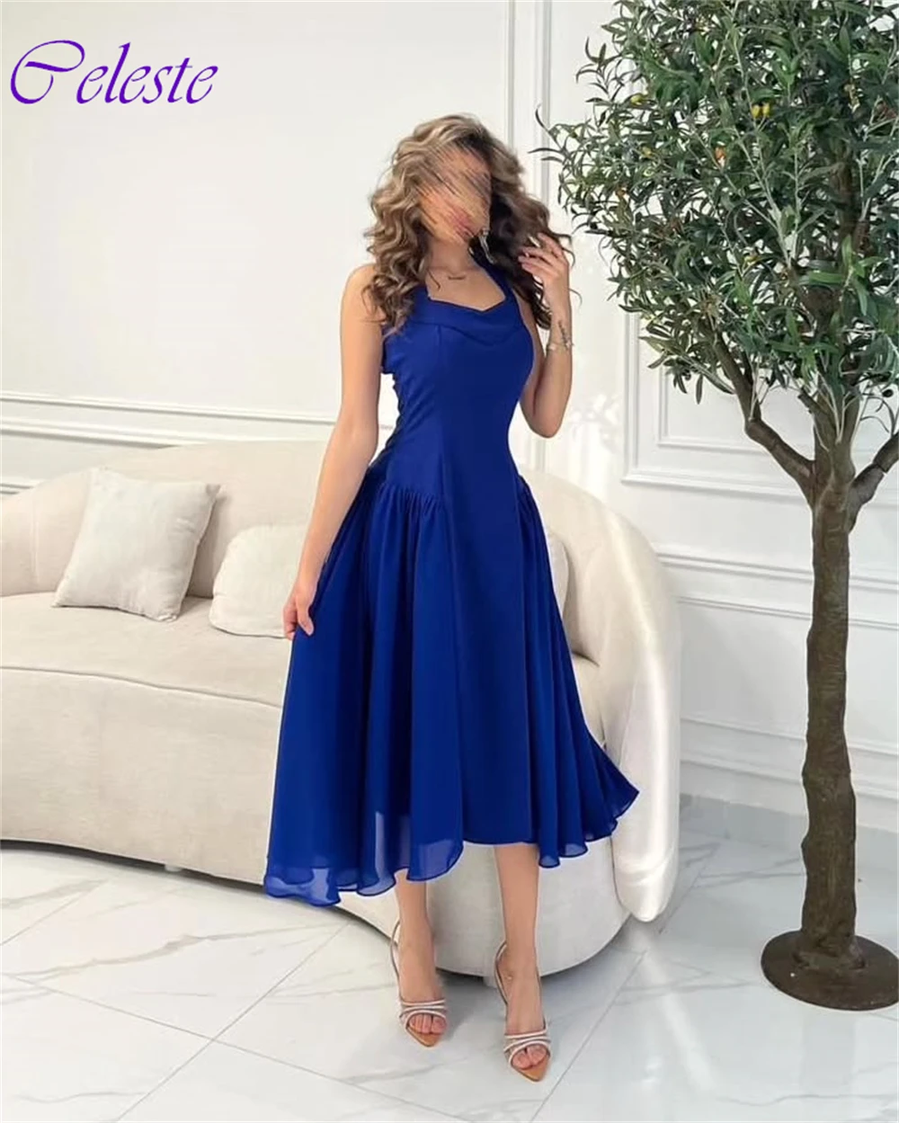 Customized Classic deep Blue Halter Sleeveless Evening Dress Elegant A-line Prom Gowns Simple Chiffon Wedding Party Dresses