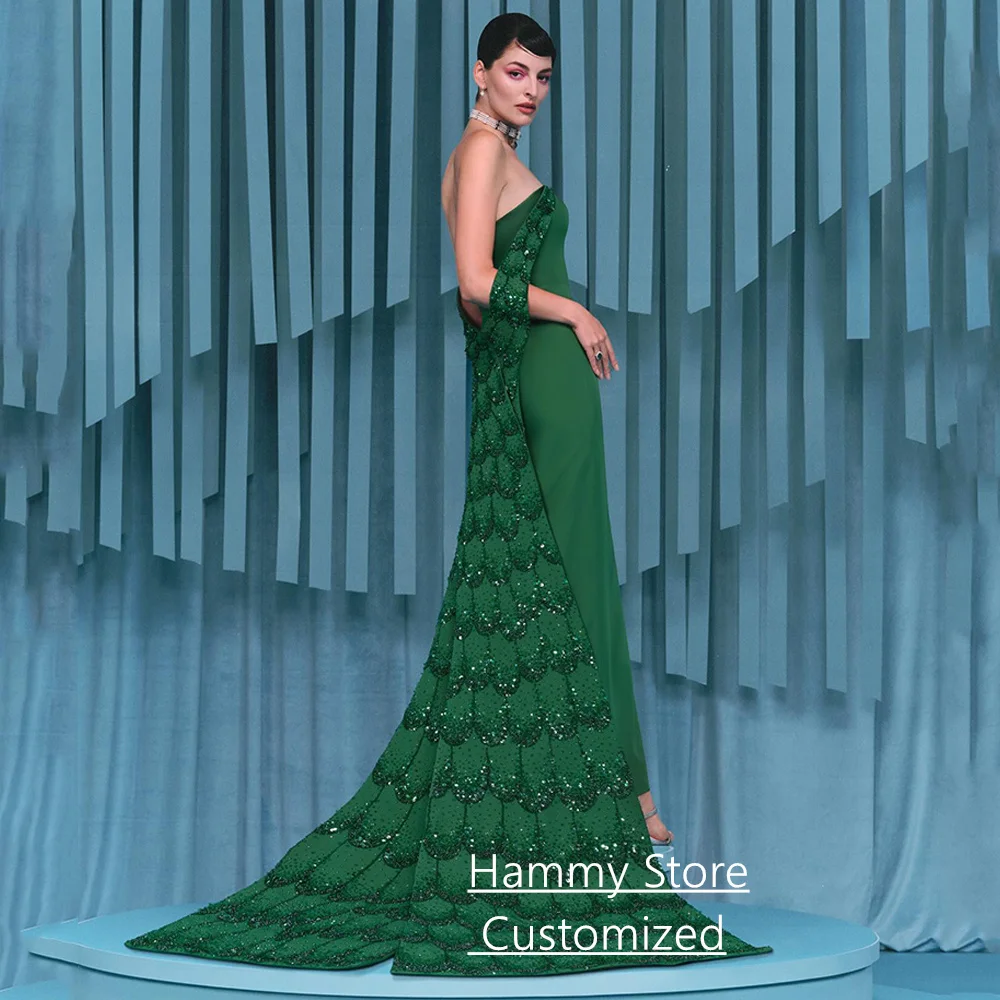Hot Green Evening Dress Customized Off The Shoulder Sparkling Sequined Saudi Arabian Party Gown Pageant Prom Dresses