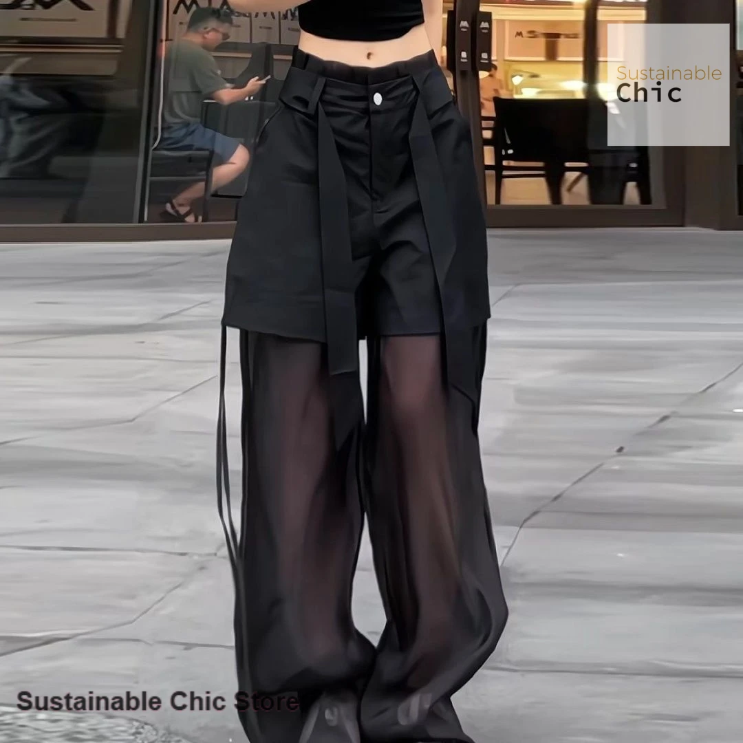 Korean-style fashion mesh black stitching tooling straight pants women's spring and summer new fake two large-size casual pants.