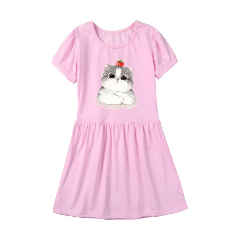 

2024 Baby Girls Summer Casual Dress Kids Short Sleeve Cute Cat Print Cotton Dresses Fashion Children Clothes Vestidos