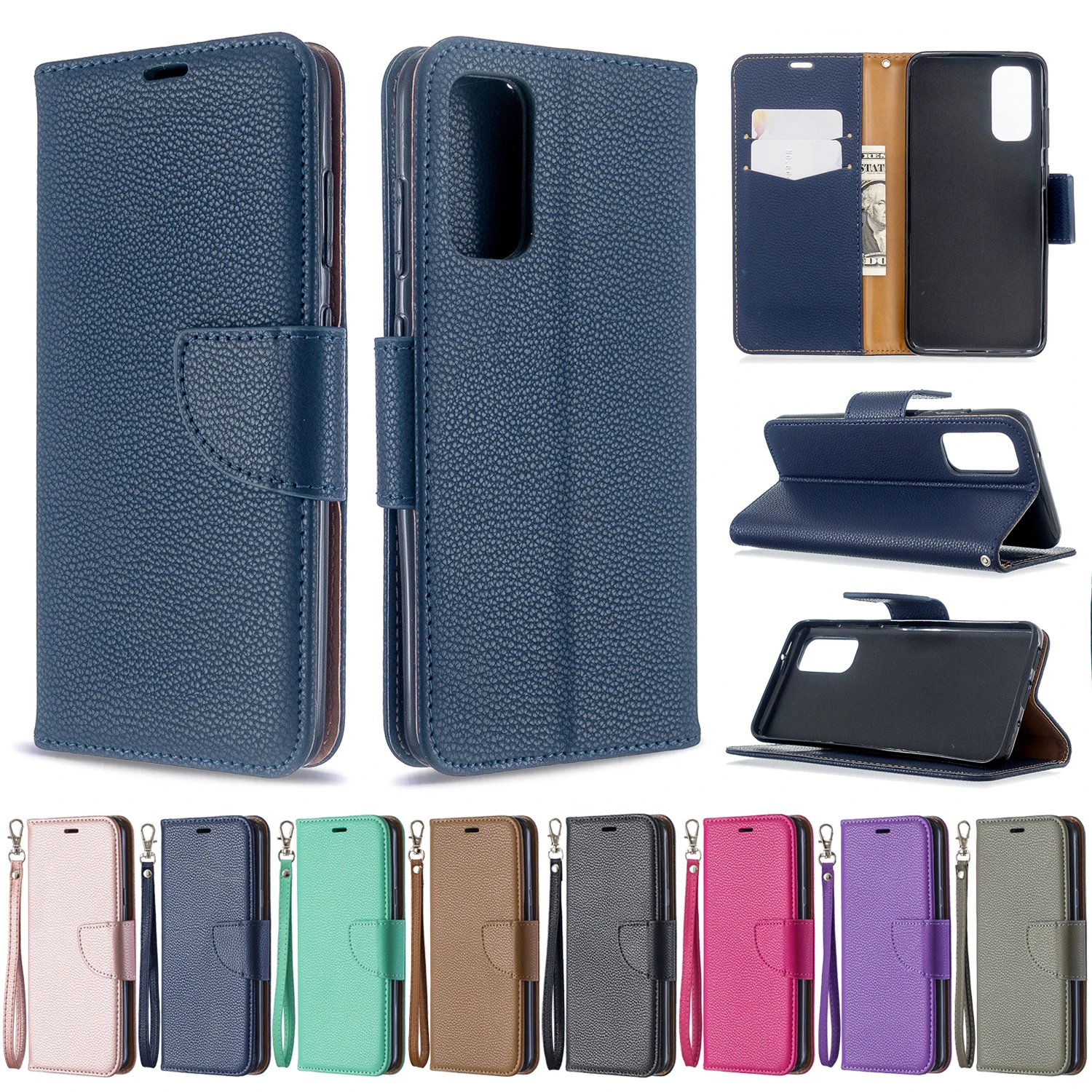

37*Solid color Lychee Leather Case Flip Anti-fall Wallet Phone Case for SAMSUNG GALAXY S9 S10 S10E S20 Ultra PLUS FE LITE 2022