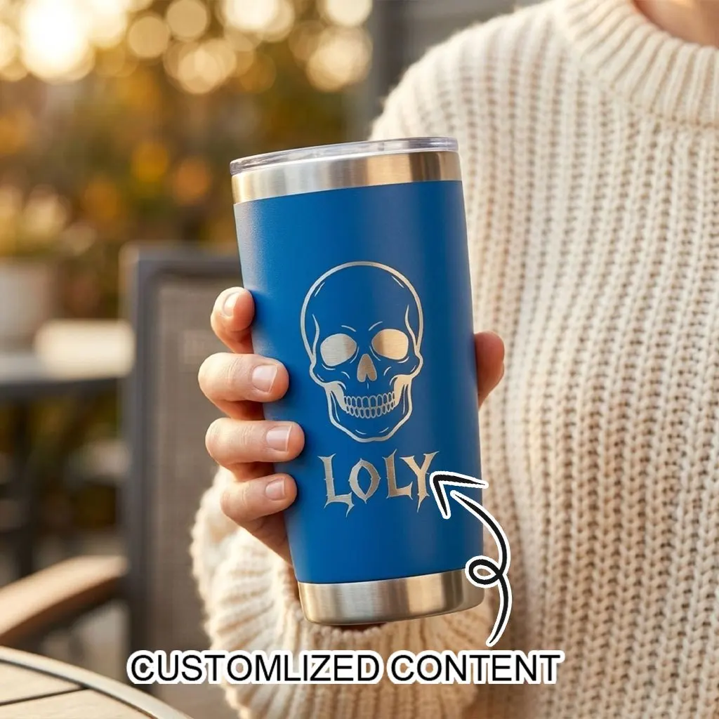 Custom Skull Stainless Steel Tumbler Personalized Name Engraved Insulated Travel Cup With Lid Spooky Gothic Mug Halloween Gift.