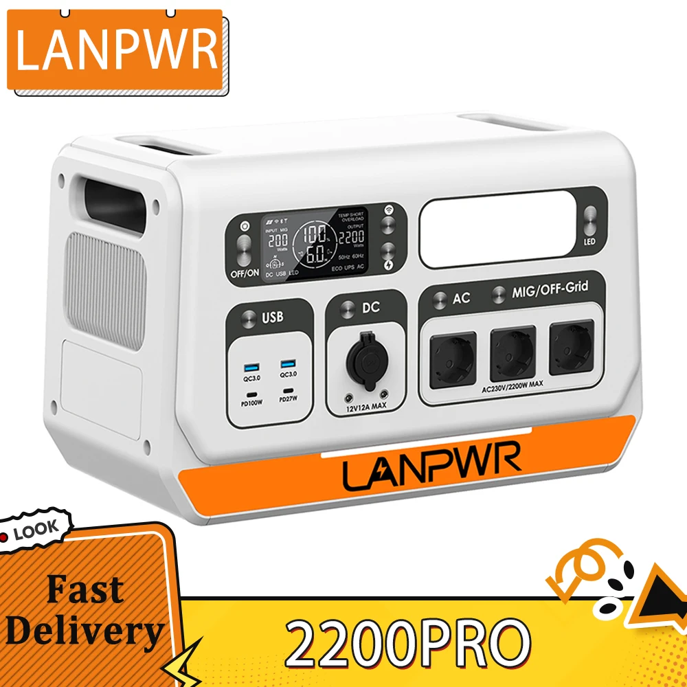 LANPWR 2200PRO Portable Power Station, LiFePO4 2048Wh, with On-grid Inverter, Support 200W/400W/600W/800W, 2200W Max. AC Output