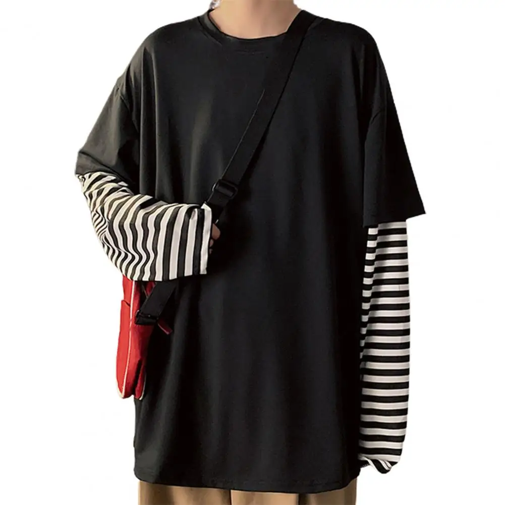 Fake Two-piece Men T-shirt Harajuku O Neck Oversized Stripe Spring Autumn T-shirt Pullover Men Tops Streetwear футболка оверсайз