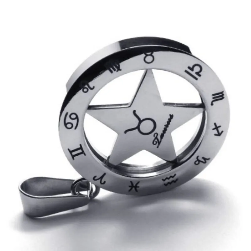 Vintage Stainless Steel 25mm Round Circle Star 12 Zodiac Taurus Pendant Necklace Jewelry With Bead Chains