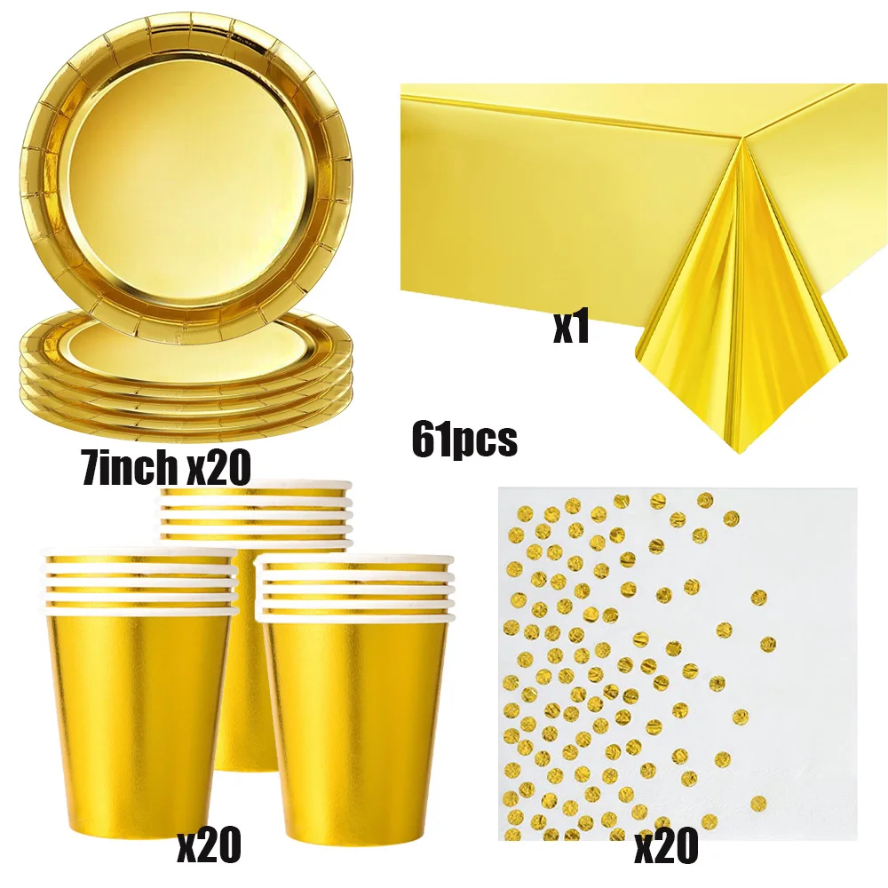 Goldenes Party Einweg-Geschirrset Goldene Pappteller Becher Servietten Tischdecke Erwachsene Hochzeit Geburtstag Dekorationen Zubehör – Detail 2