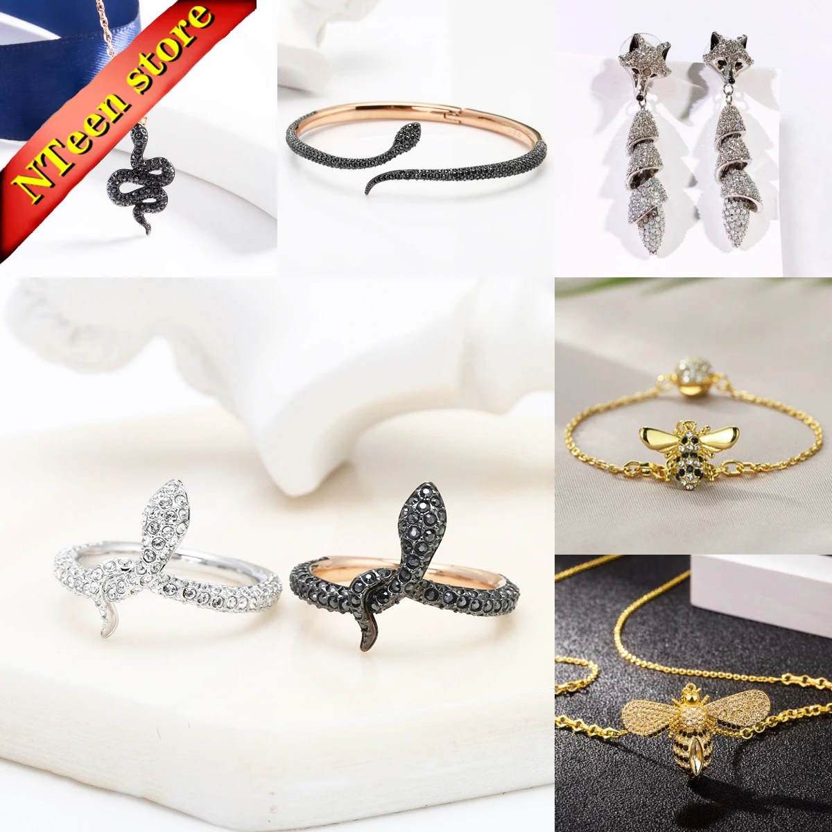 

Original High Quality Fine Jewelry Set Charm Cute Bee Snake Crystal Fashion Necklace Ring Earrings for Women Romantic Party Gift