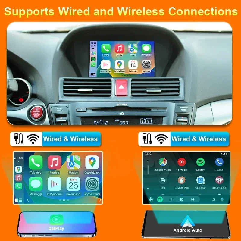 2024 Wireless  CarPlay & Android Auto Box For ACURA RDX TL ILX ZDX 2009-2013 Mirror Link  USB Player Front /Rear AHD Cameras