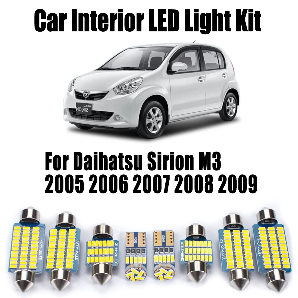 

8 шт. Canbus автомобильный светодиодный внутренний купольный светильник для чтения багажника, комплект для Daihatsu Sirion M3 2005 2006 2007 2008 2009, автомобильные аксессуары