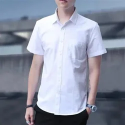 Summer New Short Sleeve Slim Basic White Shirt Tops Men's Solid Simplicity All-match Blouse Vintage Smart Casual Men Clothing