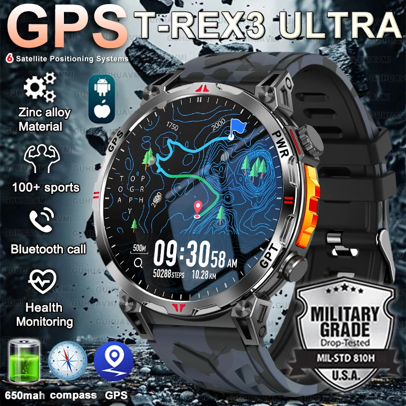 

2025 Новые спортивные умные часы с GPS, 1,56 дюйма, AMOLED, 650 мАч, аккумулятор, 10 АТМ, водонепроницаемые, 100 + фитнес, HD-браслет для звонков T-REX3 для мужчин