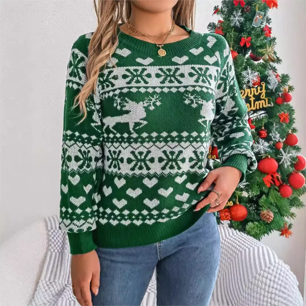 Damenmode Rundhals Laterne Ärmel Strick pullover 2024 Herbst/Winter Weihnachten Hirsch Muster Langarm Pullover