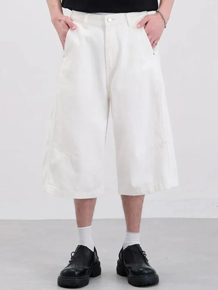 Straight Summer Simple Cut Wearresistant Washed Men's Shorts American Casual Deconstructed Wide Leg Cropped Pants C1L5