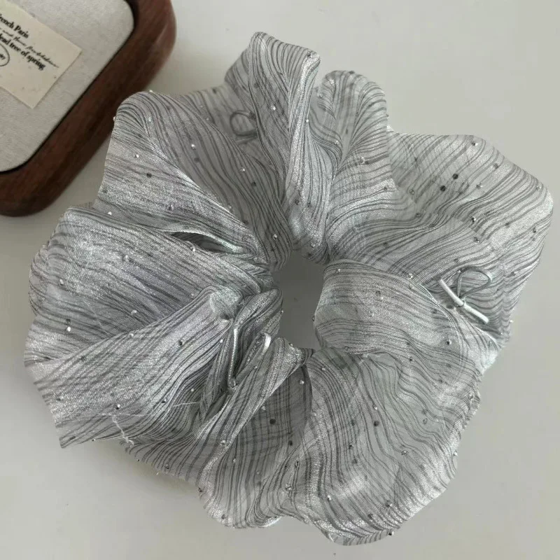 2024 Fashion Striped Bow Organza Scrunchie Headwear for Women Korean Transparent Gauze Silver Dot Hair Ties Hair Accessories