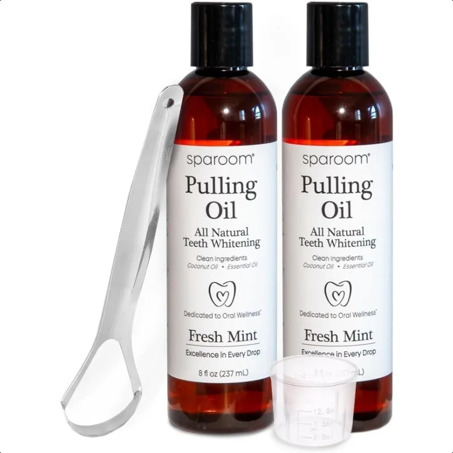 

Скребок для полоскания рта и языка Ayurveda Pulling Oil; Изготовленный с кокосовым маслом и 7 эфирными маслами для отбеливания зубов свежего дыхания