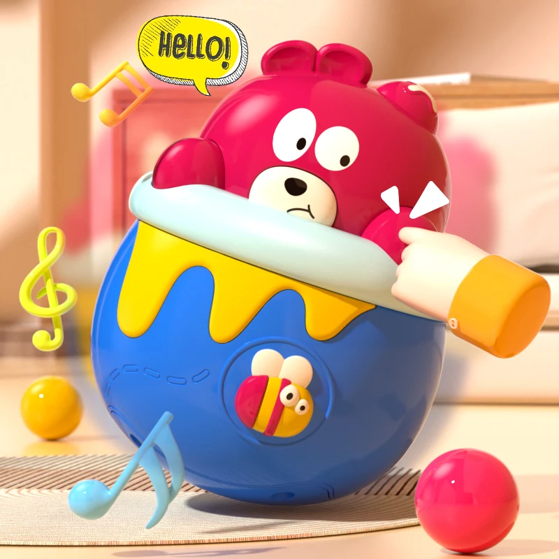 Baby Bear Roly Poly Toys for 0-18M Infant Tummy Time Tumbler Wobbler Toy Fun Baby Toy With Music