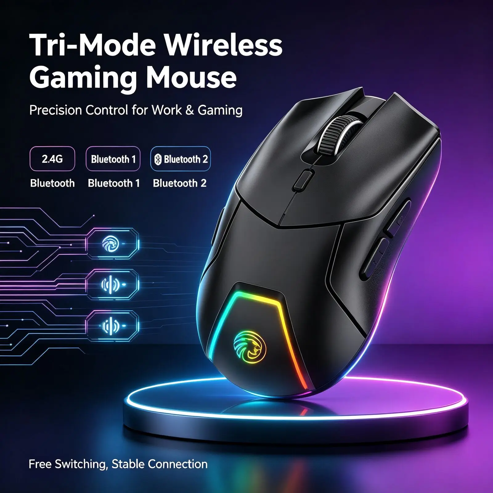 3-Mode Wireless Gaming Mouse 2.4G Bluetooth Type-C Rechargeable 83g Lightweight 4000DPI 7Buttons RGB Computer Mice for Laptop PC