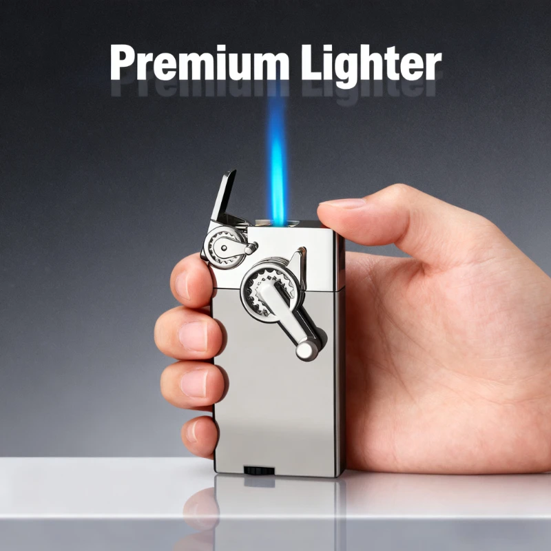 

New Premium Windproof Jet Blue Flame Torch - Creative Gear Swing Arm, Butane Gas, Metal Portable Business Cigar Smoking Gift