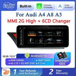 Android 14 Auto Radio CarPlay For Audi A4 B8 A5 2008 2009 2010 MMI 2G High CD Changer Car Stereo Multiemdia Player GPS Navi WiFi