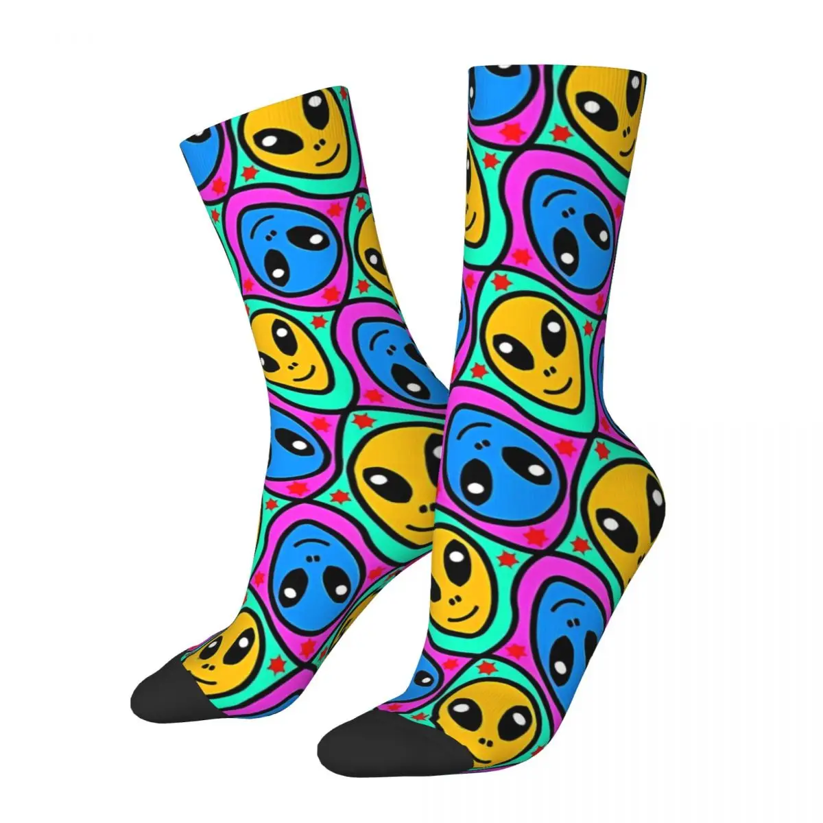 Funny Crazy Sock for Men Alien Geometric Pattern Harajuku Alien And UFO Pattern Breathable Pattern Printed Crew Sock Casual Gift