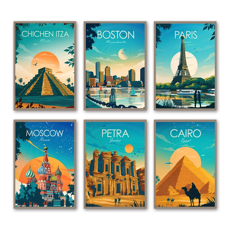 World City Travel Boston Paris Moscow Petra Wall Art Canvas Painting Nordic Posters And Print Wall Picture For Living Room Decor