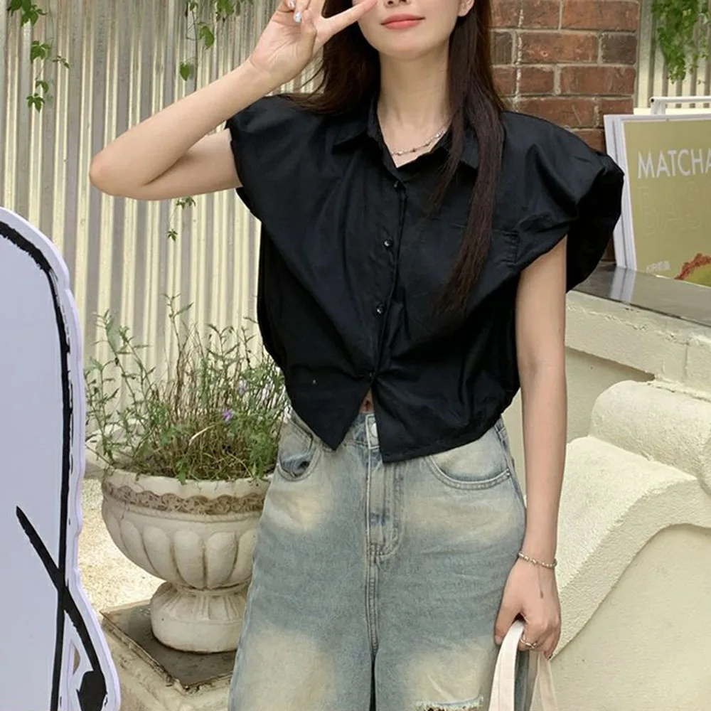 Fashion Flying Sleeve Polo Collar Shirts For Ladies 2024 Summer Retro Black Blouse Women Short Versatile Shoulder Pad Top Female