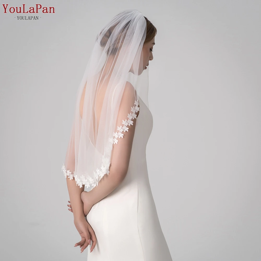 Youlapan V53 Wedding Veil with Lace Flowers Elbow Length Bridal Veil with Hair Comb Soft Single Tier Bridal Veil Thin Scallop