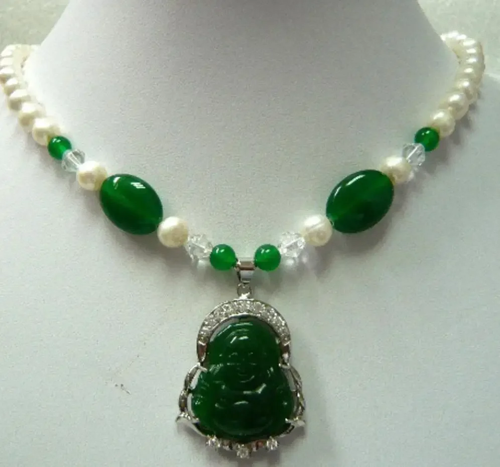 

green jade/pearl necklace Buddha/Guanyin lucky pendant