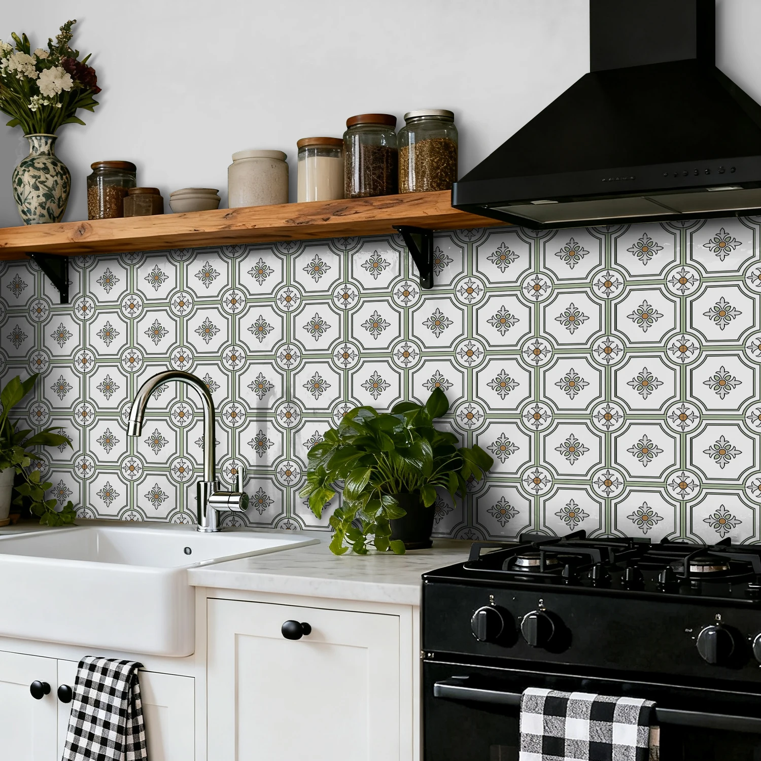 

24PCS Retro Floral Self-Adhesive Tile Stickers (Green-Brown Pattern) HD Matte Wall Decor for Kitchen Bathroom 10/15/20cm