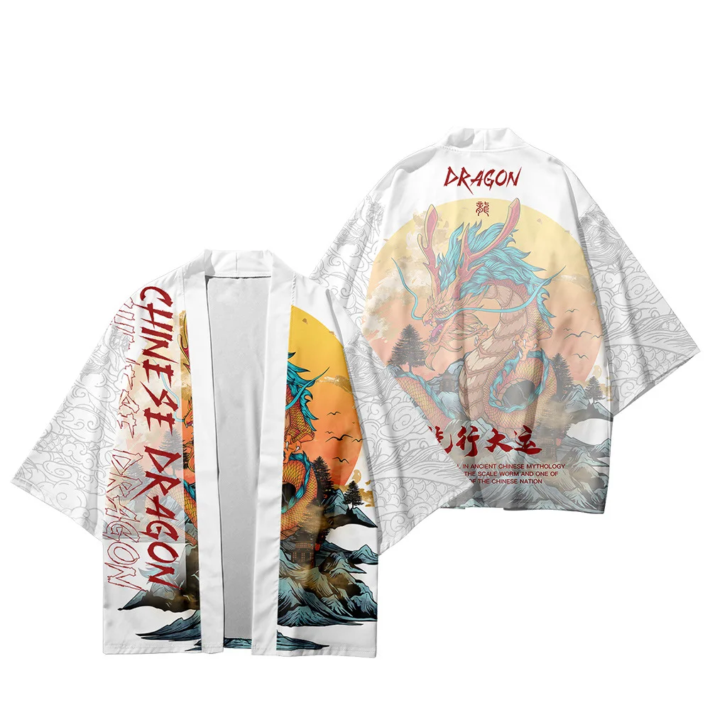 

Traditional Chinese Dragon Print White Kimono Men Japanese Beach Yukata 2023 Women Cardigan Cosplay Samurai Haori Asia Clothing