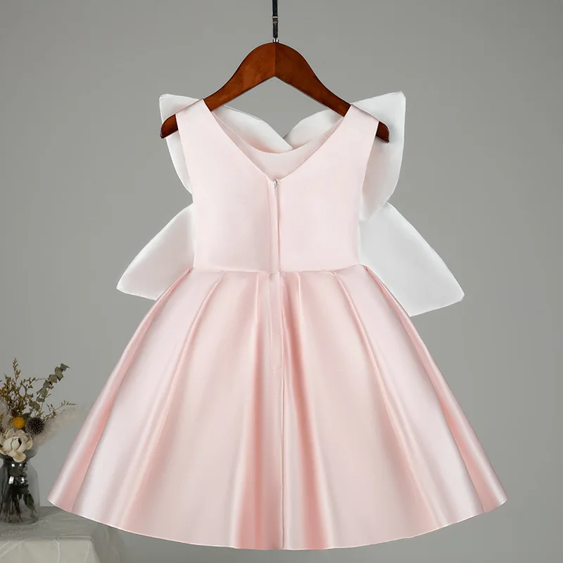 Simples rosa cetim grandes flores vestidos de festa de aniversário curto sem mangas vestidos da menina de flor para casamentos sagrada primeira comunhão