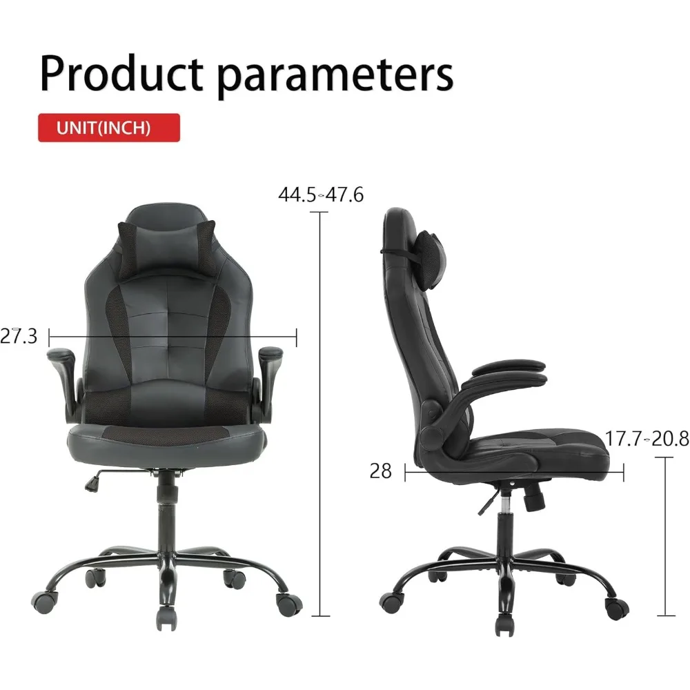Ergonomic PU Leather Gaming Chair for Adults - Comfortable Computer Desk Chair with Flip-Up Armrests and Long-Term Use Support
