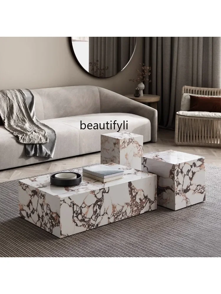 NN Italian-Style Geometric Stone Plate Coffee Table Minimalist Living Room Home Modern Villa Square Tea Table Three-Piece Set